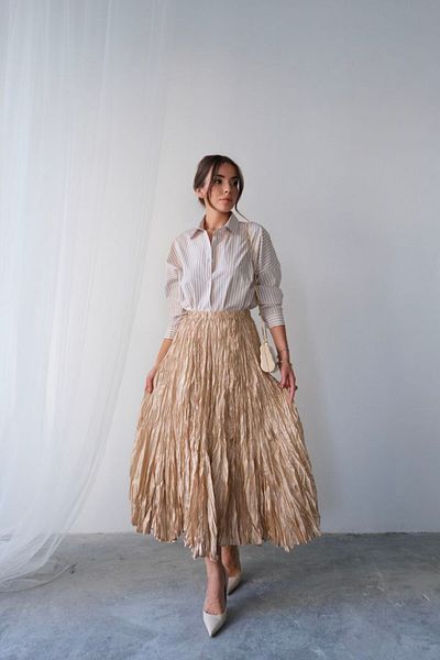 PİNK FLY Fusta maxi boemă pliată din satin lucios, importată, bej, pentru femei, cu talie înaltă, design elegant și confortabil