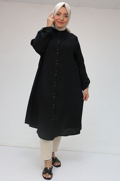 Eslina 58088 Large Size Double Button Judge Collar Linen Shirt - Black