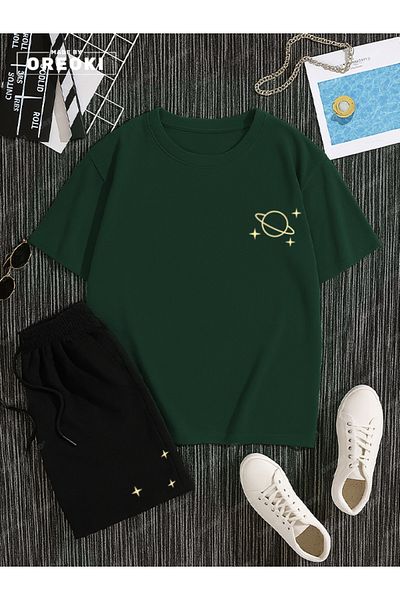 EFFRENATU Jupiter and Little Stars Printed Cotton Unisex Forest Green T-Shirt-Black Shorts Set