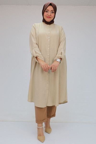Eslina 58088 Large Size Double Button Judge Collar Linen Shirt - Mink