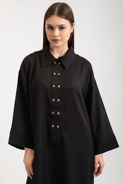 PİNK FLY Shirt Collar Double Button Skirt Mini Slit Linen Dress