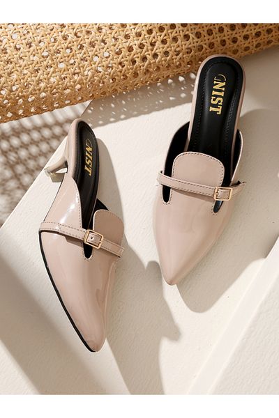 GNIST By Styli Buckle Detail Pointed Toe Kitten Heel Mules