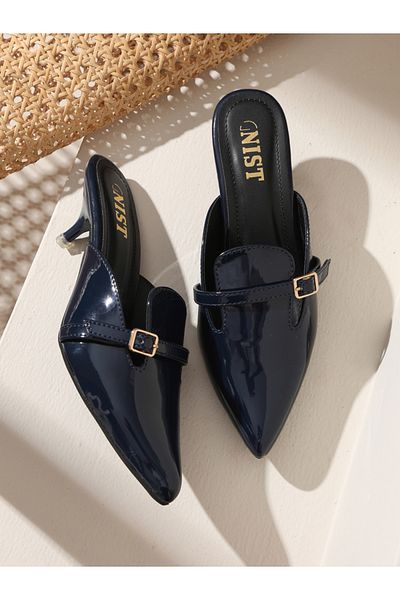GNIST By Styli Buckle Detail Pointed Toe Kitten Heel Mules