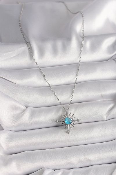 Skygo 316L Silver Colored North Star Women's Necklace with Blue Stone Detail - Tj-Bko9807