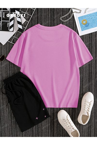 EFFRENATU Jupiter and Little Stars Printed Cotton Unisex Pink T-Shirt-Black Shorts Set