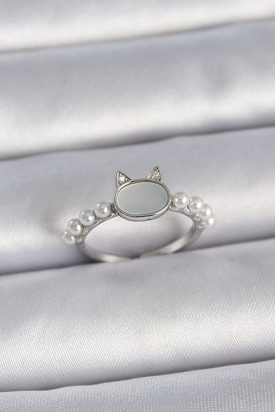 Skygo Brass Silver Color Adjustable White Enameled Cat Model Pearl Detail Women's Ring - Tj-Byk3387