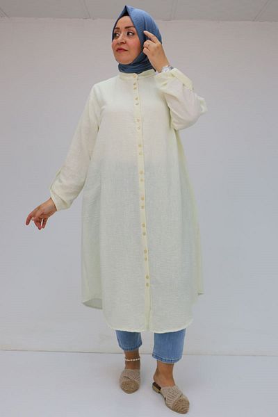 Eslina 58088 Large Size Double Button Judge Collar Linen Shirt - Ecru