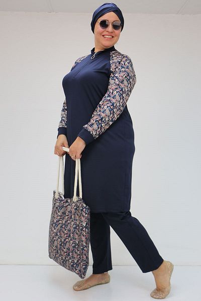 Eslina 1732 Plus Size Turtleneck Zipper Swimsuit - Ethnic Pattern Navy Blue