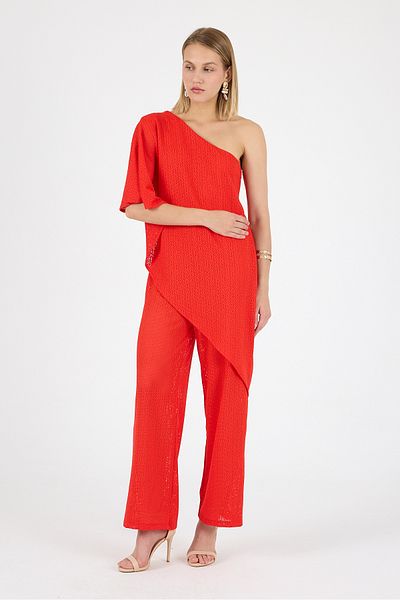 Laranor Red One Shoulder Flywheel Fragmented Jacquard Knitted Fabric Jumpsuit Day Night Elegance