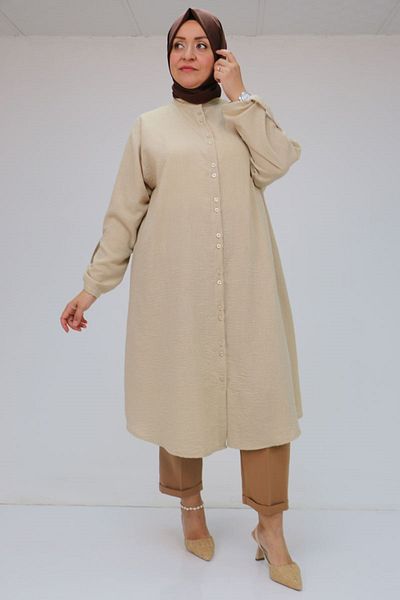 Eslina 58088 Large Size Double Button Judge Collar Linen Shirt - Mink