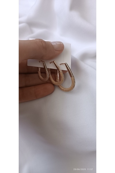 ARİ TAKI Oval halka 3'lü çelik küpe Gold