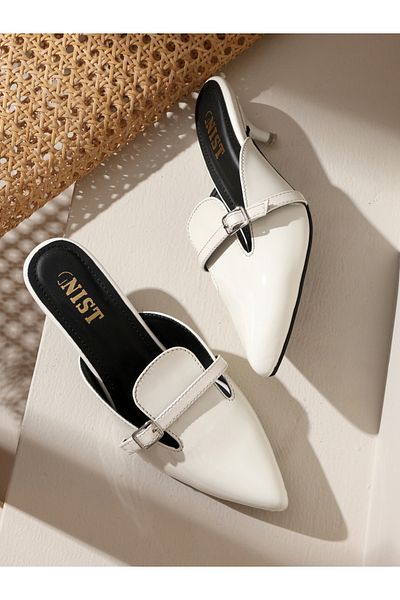 GNIST By Styli Buckle Detail Pointed Toe Kitten Heel Mules