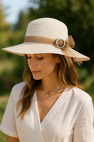 LAGRANZE Bow Tulle Detailed Straw Women's Hat