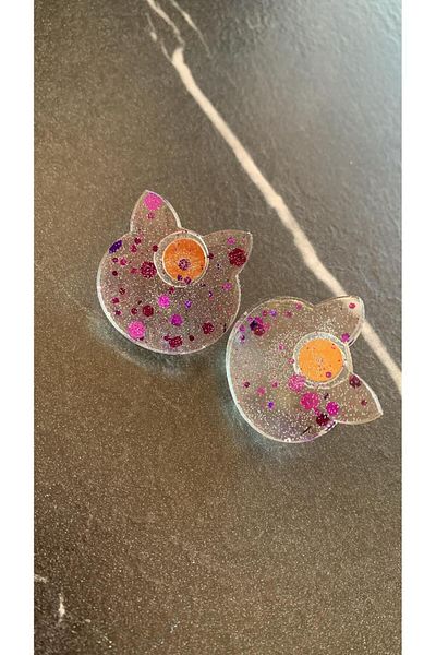 MISS GOLDEN Transparent Colored Cat Dog Face Purple Glitter Gold Accessory Large Epoxy Earrings Handmade Gift