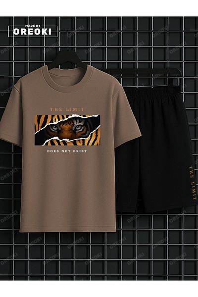 EFFRENATU No Border Tiger Printed Cotton Men's Creamy T-Shirt-Black Shorts Set