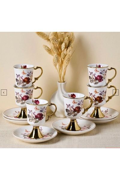 hinezahome Porcelain Cup Set with Roses on Feet Ceramic for 6 People