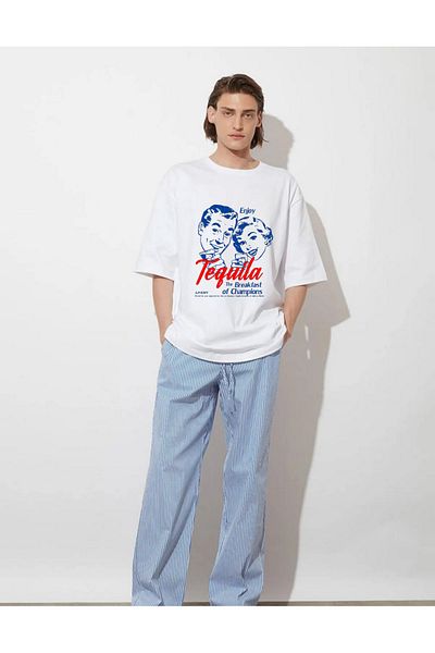 DEEPSENCE Tricou oversize pentru bărbați Tequila alb, bumbac imprimat de bază, cu croiala lejeră