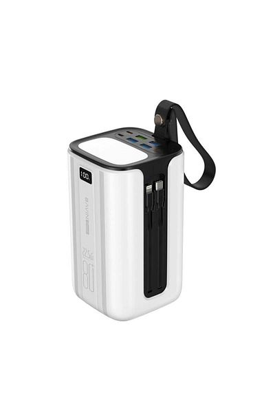 Bavin 80000mAh power bank with multiple inputs and outputs, built-in flashlight, and two built-in cables