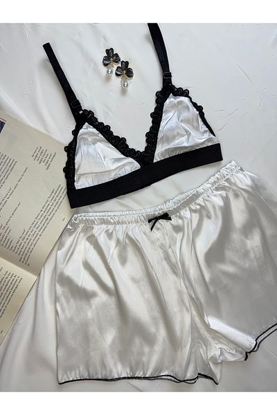 ROZENİN LINGERIE Patterned Satin Bralet Shorts Pajama Set