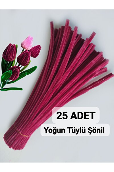 hyc heryerçiçeklenir 25 Adet Mercan Kırmızısı Şönil, Çiçek Yapımına Uygun Tüylü Tel, 30 Cm 6 Mm