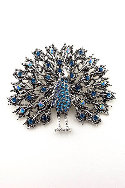 Solfera Gösterişli Asaletli Tavus Kuşu Büyük Boy Mavi Zirkon Taşlı Broş RZ428