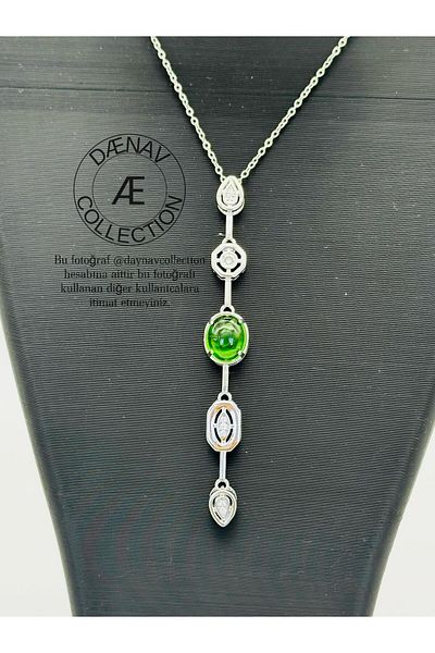 Daynav Silver Color Y Necklace with Green Stone Detail – 60 cm