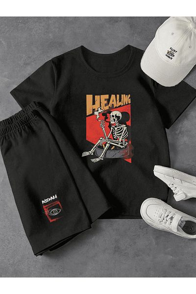 Frisson Unisex Cotton Crew Neck Comfortable T-Shirt / Shorts Set "Healing" Printed