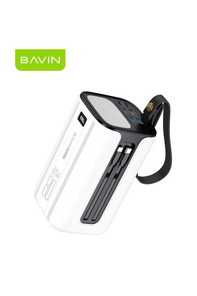 Bavin 80000mAh power bank with multiple inputs and outputs, built-in flashlight, and two built-in cables