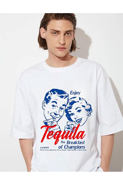 DEEPSENCE Tricou oversize pentru bărbați Tequila alb, bumbac imprimat de bază, cu croiala lejeră