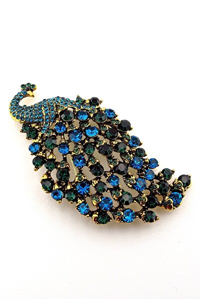 Solfera Büyük Boy Tavus Kuşu Mavi Yeşil Zirkon Taşarla Süslü Metal Broş RZ426