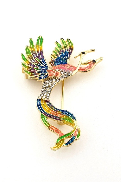Solfera Çift Başlı Renkli Zümrüdü Anka Kuşu Zirkon Taşlı Metal Yaka Süsü Broş RZ431