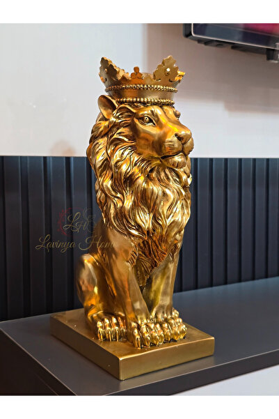 LH Lavinya Home Dekoratif Biblo Aslan Kral 19x35 cm | Gold Renk Polyester Figür