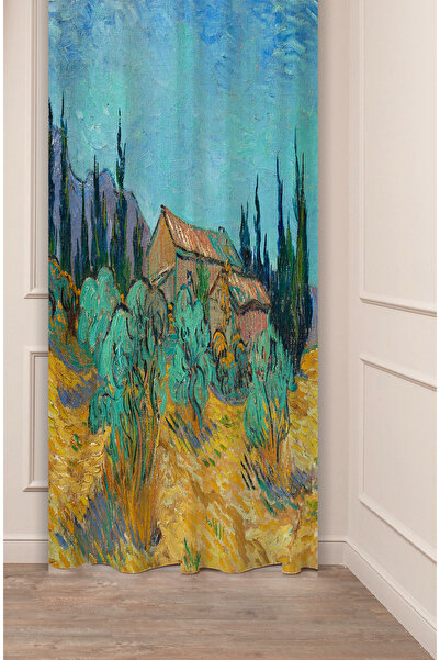 GREENDECOR Van Gogh Wooden House Olive Trees Garden Famous Artwork Painting Patterned Digital Printed (Single Wing) Background Curtain