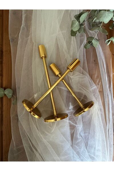 TozluAtolye 3'lü Gold Şamdan Mumluk Dekoratif