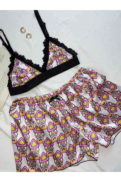ROZENİN LINGERIE Patterned Satin Bralet Shorts Pajama Set