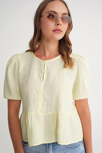 Mixray 4713 Women's Gathered Waist, Elastic Sleeves, Loose Muslin Blouse, Pastel Yellow