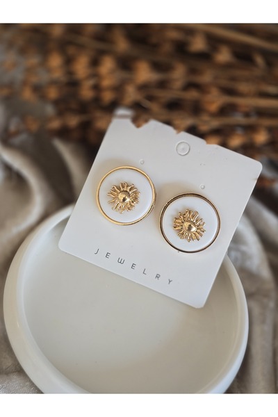 DEMİR ACCESORİES Women's Sun Detailed Gold White Earrings