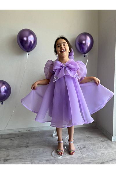 Sare Çocuk Giyim Princess Lilac Girls' Dance Dress, Bow Collar Purple Ceremonial Evening Dress + Buckle