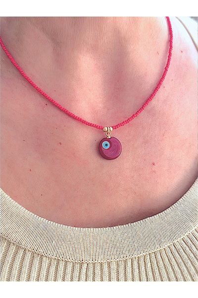 Quella Takı Lak Coated Plate Evil Eye Bead Gold Necklace