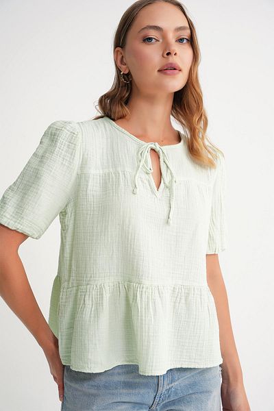Mixray 4715 Women's Tie Collar Short Sleeve Muslin Blouse Sage