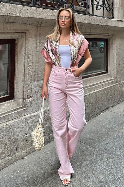 Swist High Waist Wide Leg Women's Jean with Pink Leg Detail