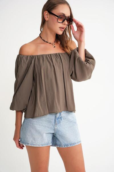 Mixray 4706 Γυναικεία εξώπλατη μπλούζα με μπαλόνι με στράπλες χακί