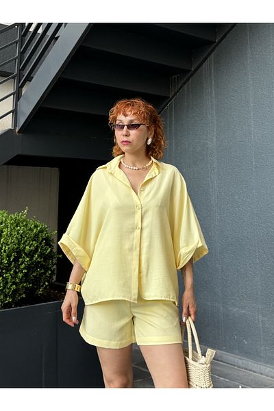Bak'ap Premium Soft Linen Oversize Shirt - Linen Belt Shorts Two-Piece Set