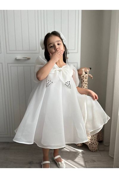Sare Çocuk Giyim Princess White Girl's Dance Dress, Bow Collar Merasim Evening Dress + Buckle