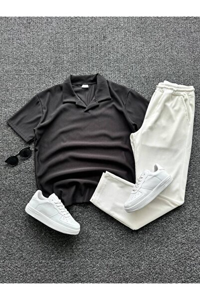 tetramoda Ribbed Polo Neck T-Shirt and Pants Set of 2