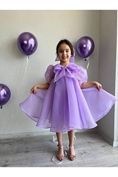 Sare Çocuk Giyim Princess Lilac Girls' Dance Dress, Bow Collar Purple Ceremonial Evening Dress + Buckle