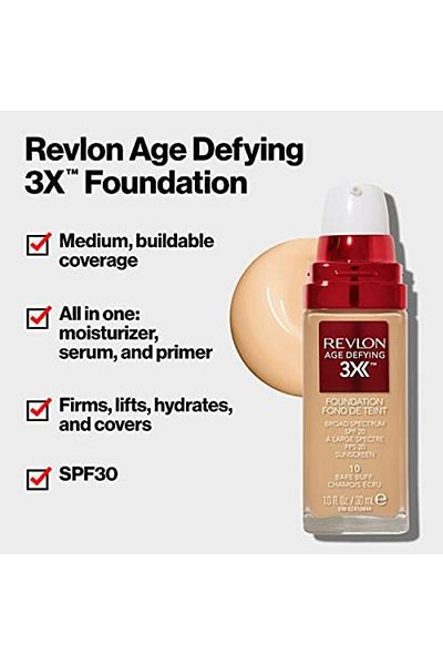 Revlon Liquid Foundation, Age Defying 3XFace Makeup,Anti-Aging and Firming Formula, SPF 30, 005 Fresh Ivory