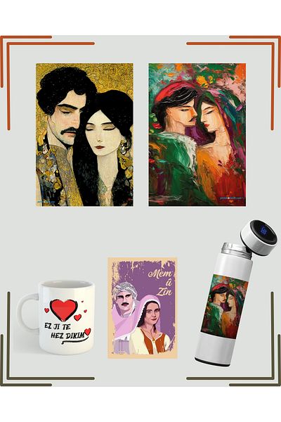 ZERYA Memû Zin Illustrated Poster Thermos - Kurdish Ez Ji Te Hez Planting Cup - Special Kurdish Set for Lovers
