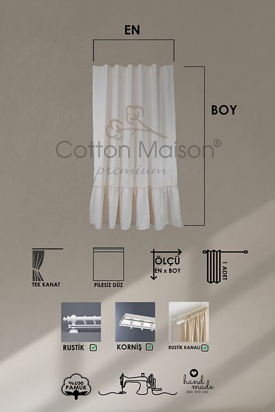 cotton maison Φυσική κουρτίνα με βολάν σε γαλλικό στυλ Bohemian - Single Wing, ρουστίκ και συμβατή με κορνίζα