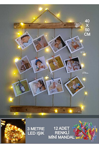 Doğumgünü Marketim Ahşap Fotoğraf Çerçevesi Mandallı İpli Işıklı Resim Çerçevesi Ledli Anı Duvarı